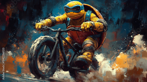 Cartoon Turtle Riding Bike Pinup Pop Art Retro Style Illustration photo