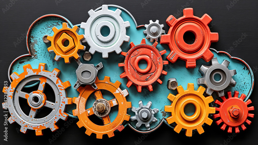 A vibrant arrangement of various metal gears in orange, red, white, and gray sits on a black slate background. A vibrant arrangement of various metal gears in orange, red, white, and gray sits on a black slate background.