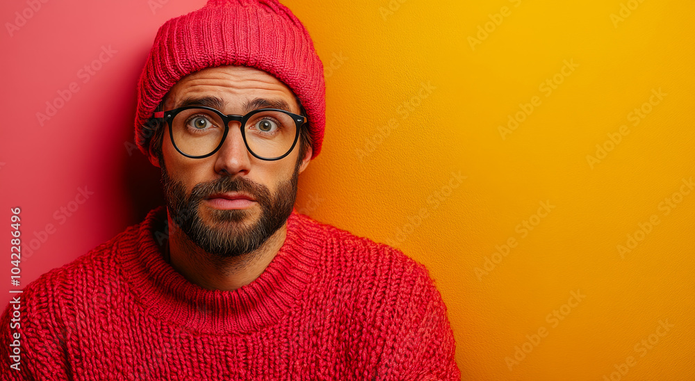 A man in a red sweater and glasses is staring at the camera. The image has a warm and cozy feeling, as the man is wearing a red sweater and a red hat. The orange background adds to the overall warmth A man in a red sweater and glasses is staring at the camera. The image has a warm and cozy feeling, as the man is wearing a red sweater and a red hat. The orange background adds to the overall warmth