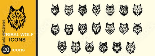 Tribal wolf icon set. Portrait pet black collection and vector illustration face mammal. Nature style graphic and aggressive power spirit or native mascot. Danger eyes and head silhouette