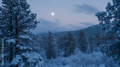 Winter landscape with snow covered pine trees in the forest and full moon photo