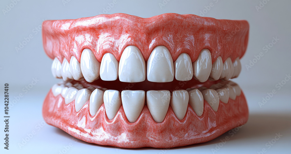 Obraz premium A close up of a fake tooth with a pinkish hue. The tooth is white and has a pinkish tint to it