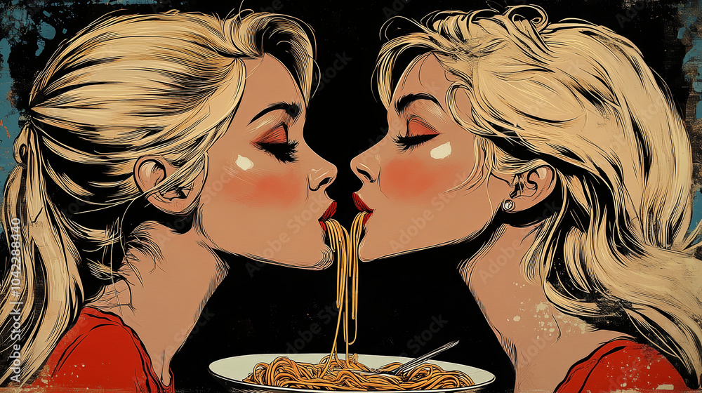 custom made wallpaper toronto digitalRetro Pop Art Couple in Love Eating Pasta Spaghetti, Vintage Style Illustration