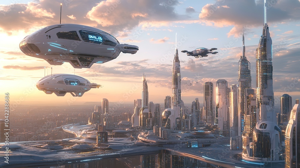 Futuristic city skyline with hovering vehicles illuminated at night under a cloudy sky Futuristic city skyline with hovering vehicles illuminated at night under a cloudy sky