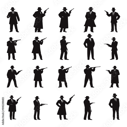 Mafia Silhouettes Icons Set Various Characters Gangsters Bosses Associates In Distinct Poses Accessories Like Hats Guns Illustrations Related Crime Organized Themes Mafia Culture