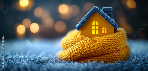 A yellow house is sitting on a blanket on the ground. The house is small and cozy, and the blanket is wrapped around it, making it look like it's being kept warm and snug
