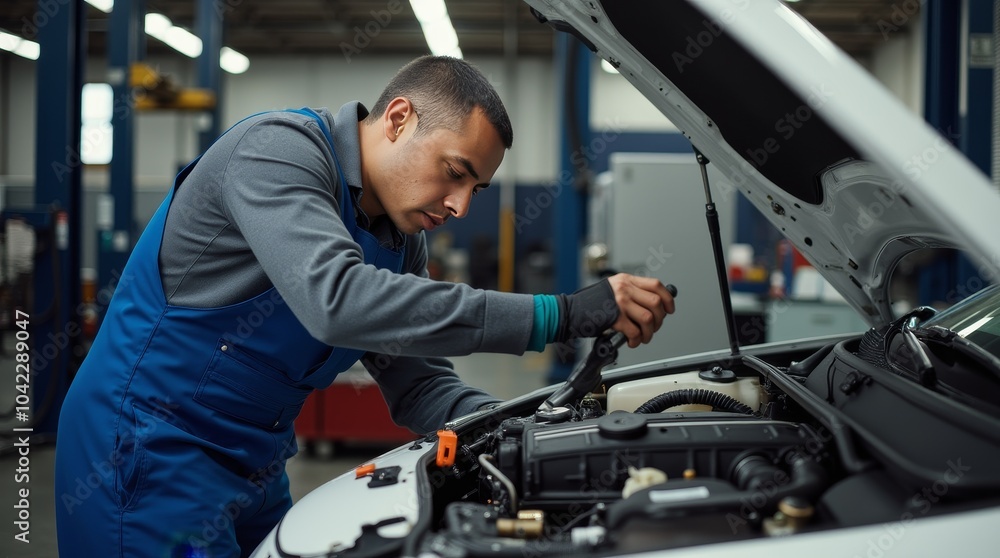 Mechanic working on a car engine in a busy automotive workshop during daytime repair tasks Mechanic working on a car engine in a busy automotive workshop during daytime repair tasks