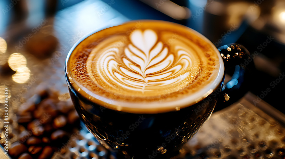 A beautifully crafted latte with art on top, placed on a stylish countertop. A beautifully crafted latte with art on top, placed on a stylish countertop.
