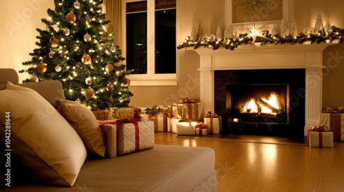 Wallpaper Mural A cozy living room features a beautifully decorated Christmas tree surrounded by gifts and a warm fireplace adorned with stockings Torontodigital.ca