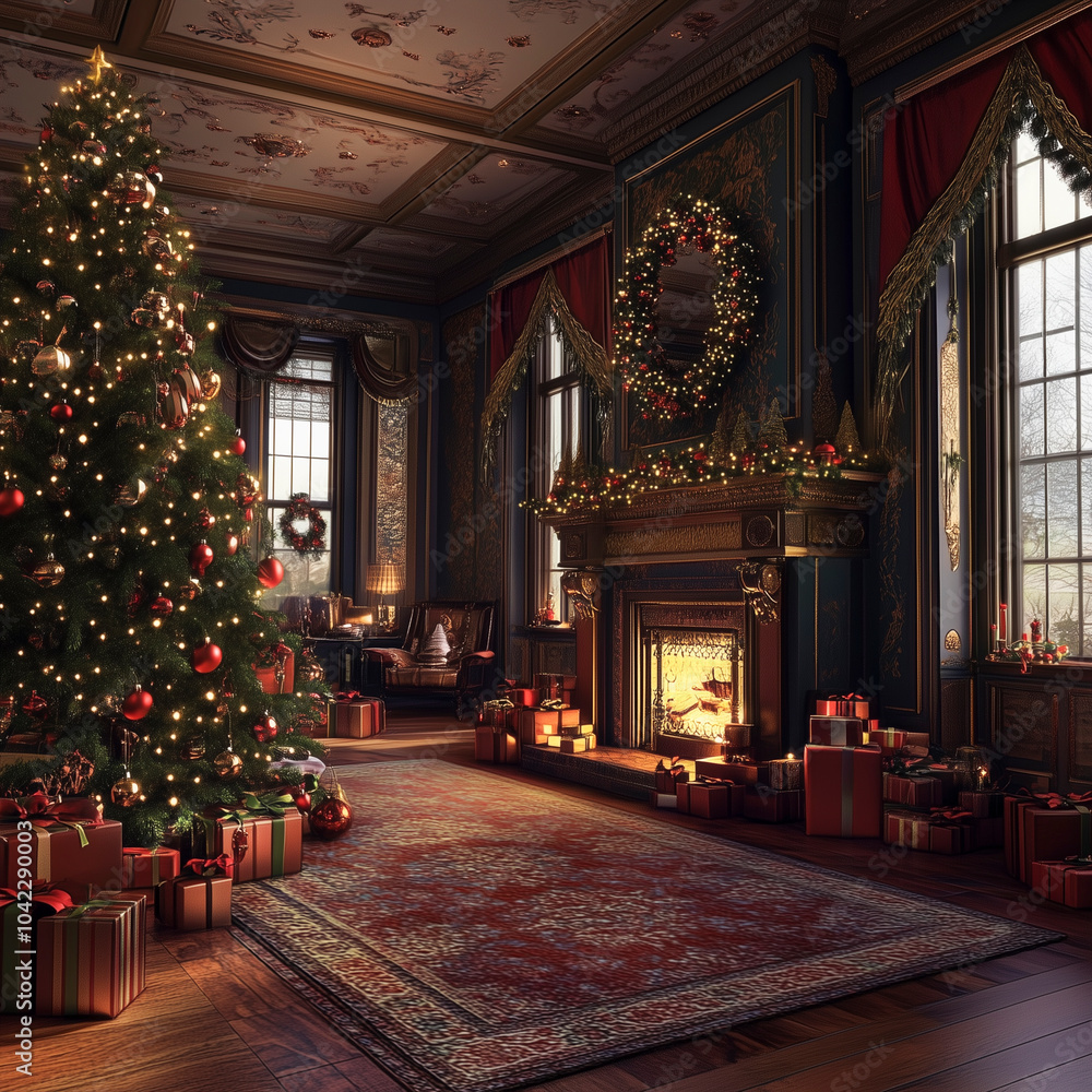 Christmas living room with a lit fireplace, presents and a tree. Christmas living room with a lit fireplace, presents and a tree.
