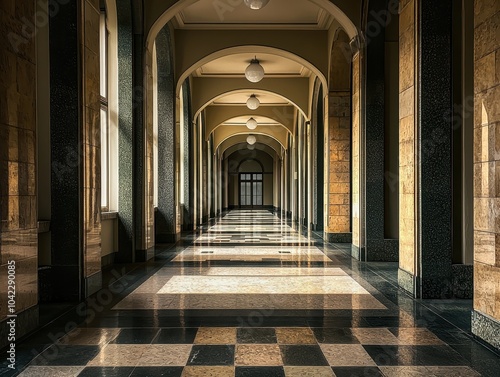 Sunlit corridor with arched ceilings and checkered floor creates a serene and historic ambiance, reflecting a timeless architectural design.