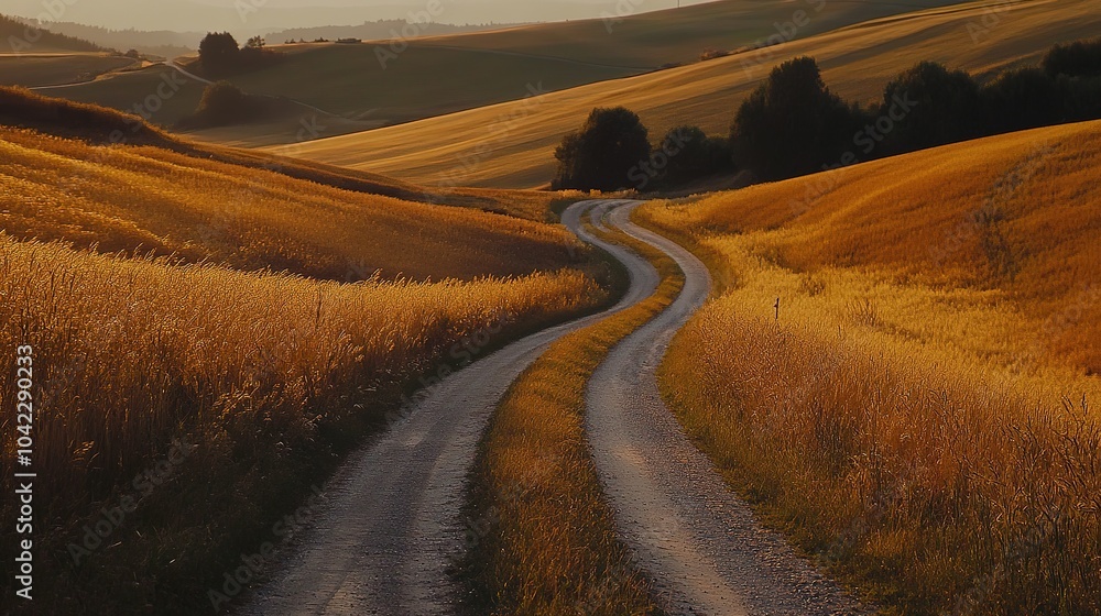Fototapeta premium A winding dirt road leads through golden fields under a bright blue sky in a serene landscape during the late afternoon