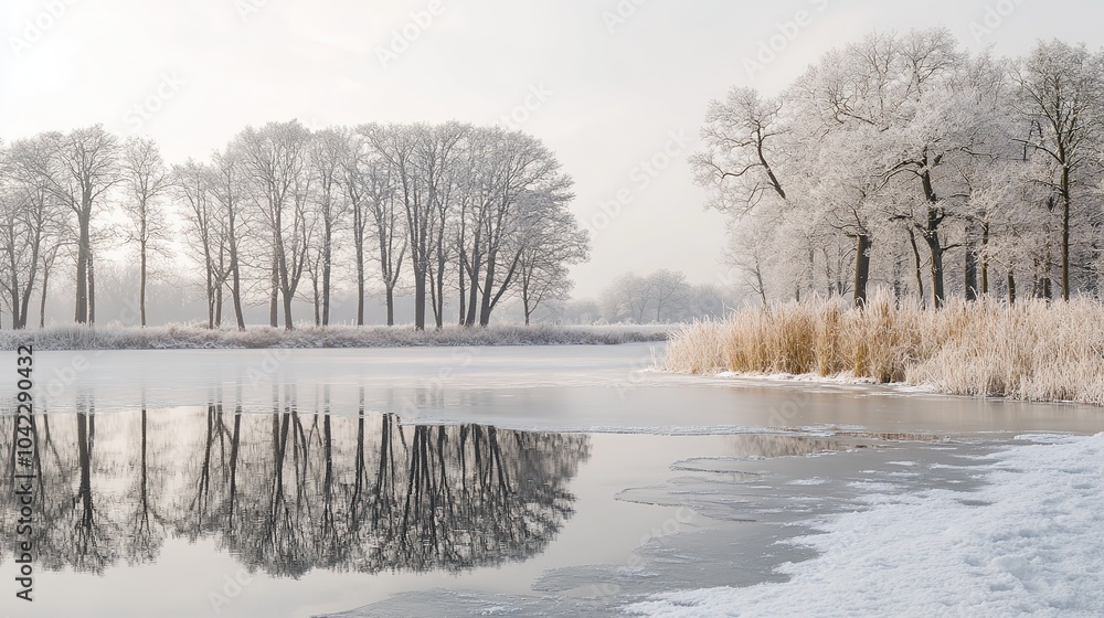 Snow-covered landscape with frosty trees at sunset over a tranquil frozen lake in winter Snow-covered landscape with frosty trees at sunset over a tranquil frozen lake in winter