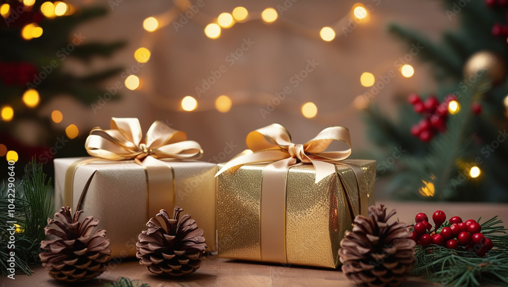 Cozy Christmas Background with Gift Boxes and Pine Cones with Tree Lights Cozy Christmas Background with Gift Boxes and Pine Cones with Tree Lights