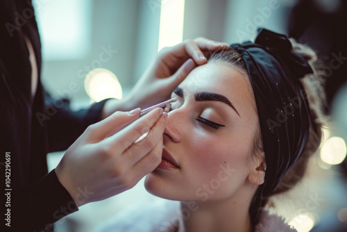 Woman enjoys having makeup done by a professional MUA in a well-lit and glamorously styled beauty room, showcasing a serene and indulgent atmosphere.