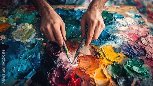 Artisan creating colorful abstract patterns using palette knives on a wooden table in a bright studio during daylight hours