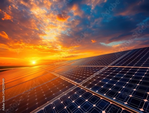 Vibrant sunset over a solar farm, showcasing renewable energy and sustainability on a clear evening with dramatic clouds in the sky.