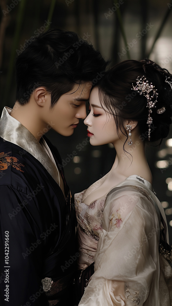 A romantic encounter of a traditional Korean couple beneath the glowing moon A romantic encounter of a traditional Korean couple beneath the glowing moon