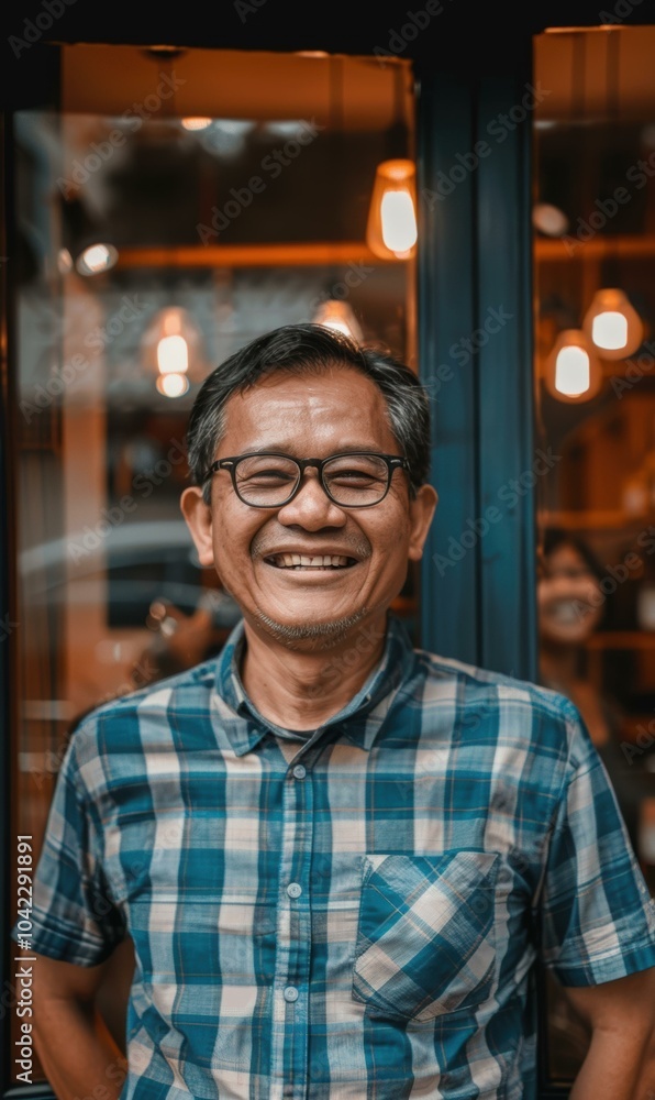 A man wearing glasses smiles broadly at the camera. AI. A man wearing glasses smiles broadly at the camera. AI.