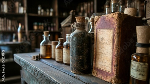 Wallpaper Mural Vintage Glass Bottles and an Old Book on a Rustic Table Torontodigital.ca