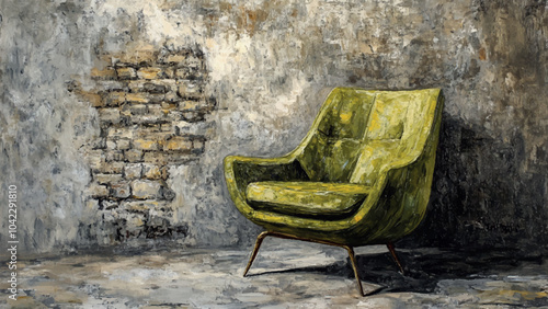 Olive Colored Designer Armchair Against a Rustic Stone Wall Contemporary Oil Painting on Canvas Modern Illustration. Fashion Trendy Furniture