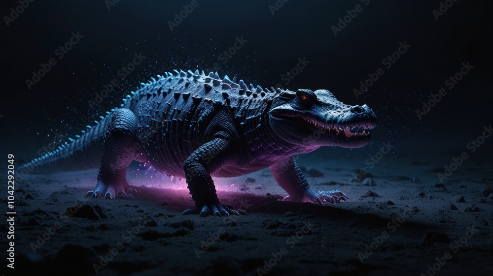 A large, dark-colored crocodile with glowing eyes and scales stands on a dark surface with a glowing light around it. A large, dark-colored crocodile with glowing eyes and scales stands on a dark surface with a glowing light around it.