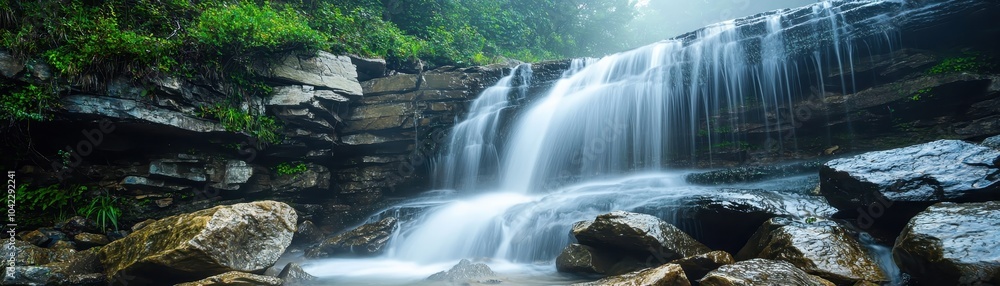 Serene waterfall cascading over rocks surrounded by lush greenery, creating a tranquil natural landscape in a peaceful forest setting. Serene waterfall cascading over rocks surrounded by lush greenery, creating a tranquil natural landscape in a peaceful forest setting.