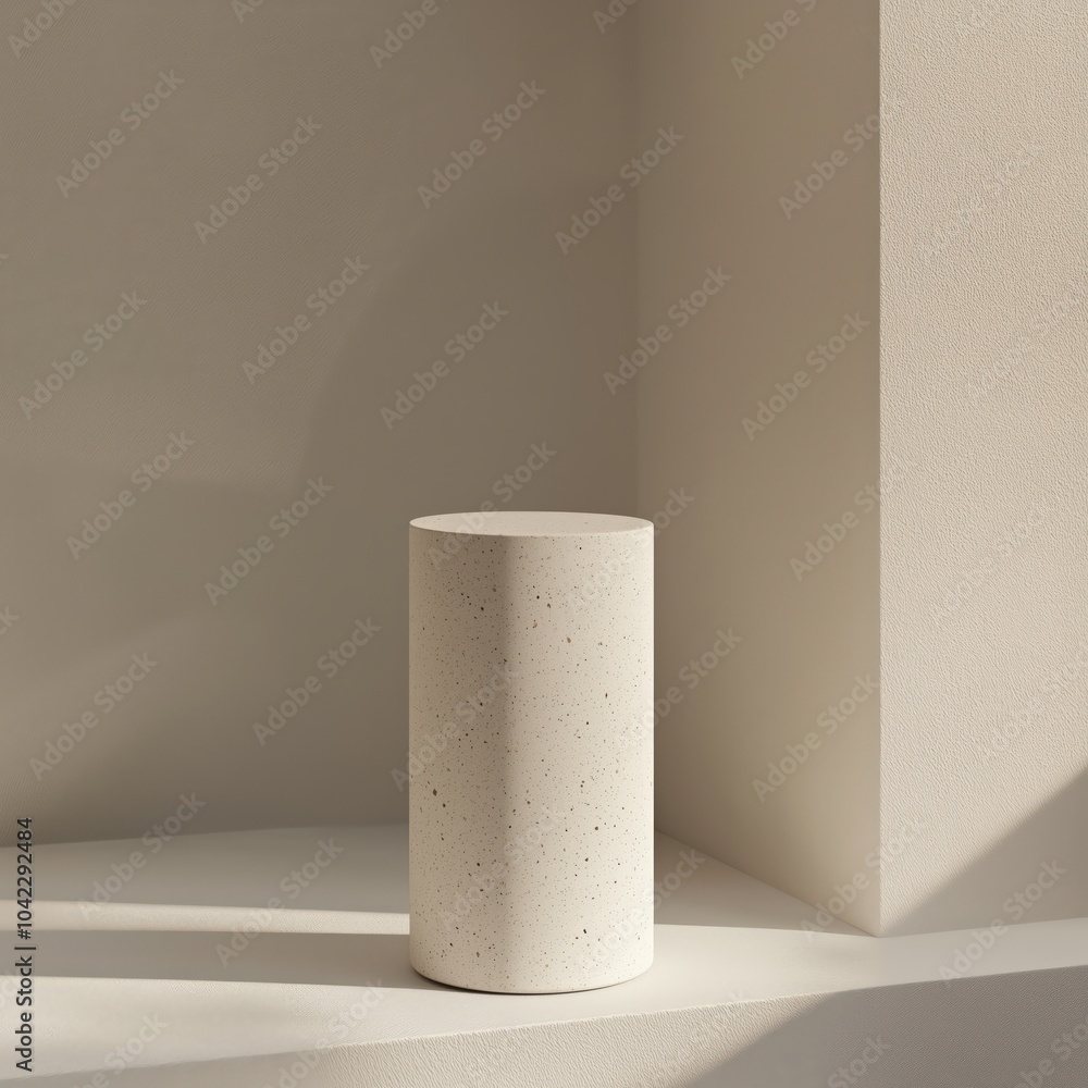 Empty stone pedestal on beige backdrop, scene with copy space for your products presentation. Empty modern minimal concept mock up for cosmetic, skin care and other products advertising. Empty stone pedestal on beige backdrop, scene with copy space for your products presentation. Empty modern minimal concept mock up for cosmetic, skin care and other products advertising.