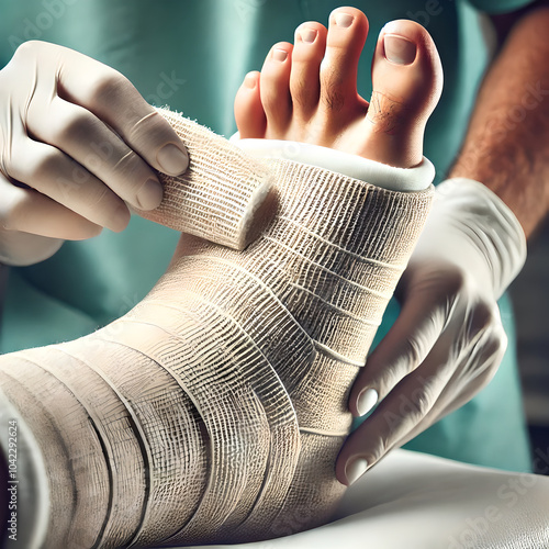 Patient receiving a leg cast after a fracture. healthcare provider wrapping the cast around the injured leg, paying close attention to ensuring that the foot and ankle are properly supported. photo