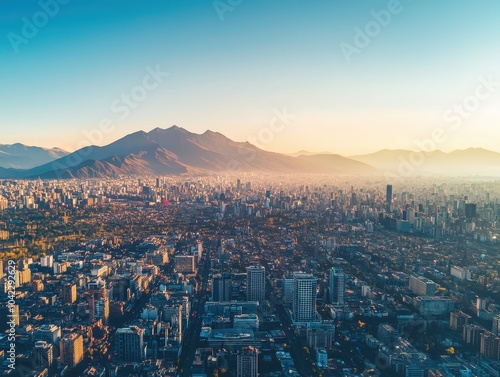 Wallpaper Mural Aerial view of a sprawling cityscape with modern architecture, surrounded by majestic mountains during a tranquil sunset. Torontodigital.ca