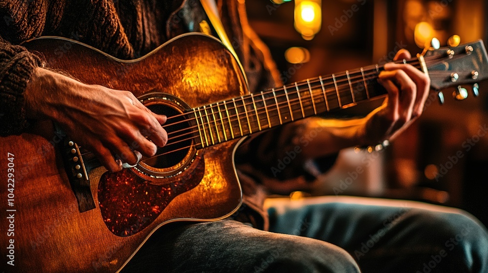 Obraz premium A young musician plays acoustic guitar in a cozy, dimly lit setting, creating a soothing ambiance during an intimate evening