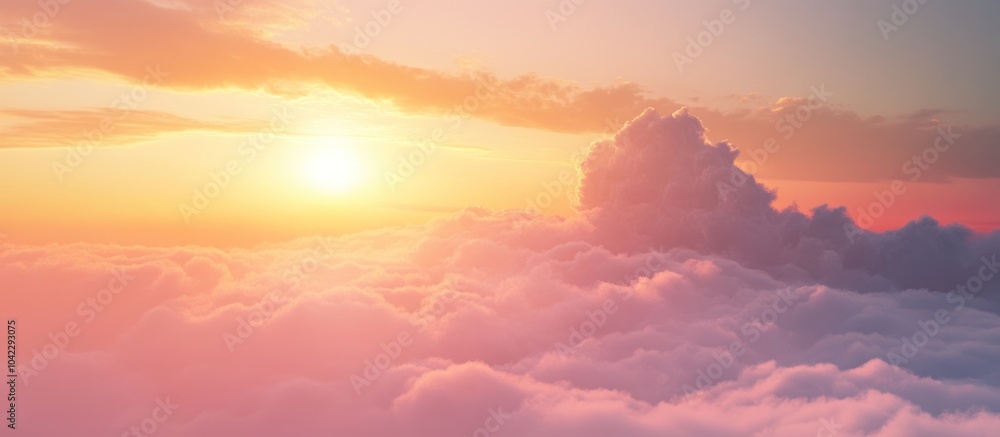 Golden sunset shining over fluffy clouds, viewed from above. Golden sunset shining over fluffy clouds, viewed from above.