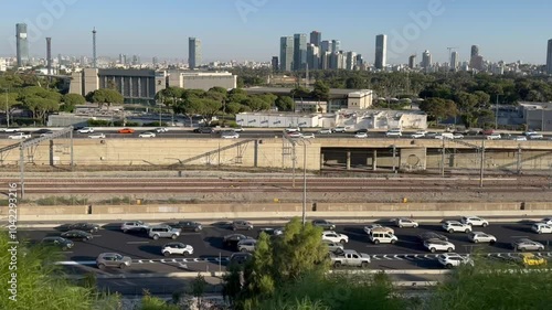 Tel Aviv, Israel - October 22, 2024, View of University Train Station Over Tel Aviv Skyline, from hill