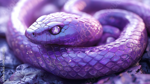 Coiled purple snake with shining scales in close-up view