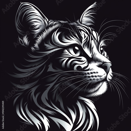 Wallpaper Mural A black-and-white cat's face, featuring intricate tribal patterns and bold linework.  Tattoo,  T-shirt Print, graphic design, and modern artwork Torontodigital.ca