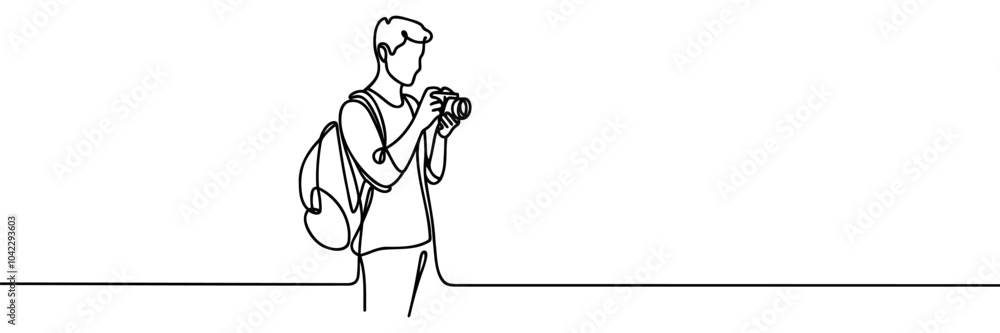 Continuous one line drawing photographer taking pictures. Photo vector illustration Continuous one line drawing photographer taking pictures. Photo vector illustration