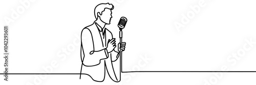 one continuous line drawing of young man singing.