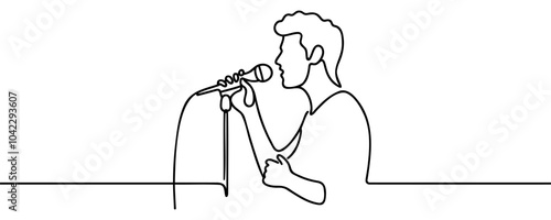 one continuous line drawing of young man singing.