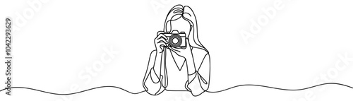 Continuous one line drawing girl photographer taking pictures. Photo vector illustration
