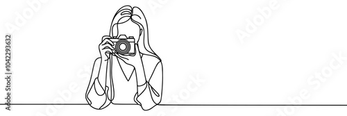 Continuous one line drawing girl photographer taking pictures. Photo vector illustration