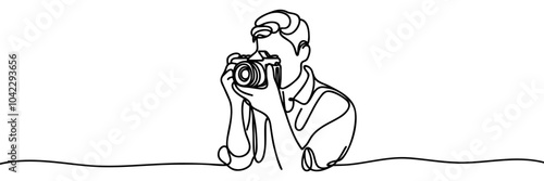 Continuous one line drawing photographer taking pictures. Photo vector illustration