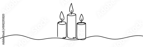 One line continuous three candle. Silhouette of burning memorial ceremony church tradition. Digital white single line sketch drawing vector illustration