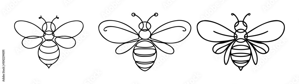 Honey bee set continuous one line drawing. Honeybee insect single line art illustration. Editable vector. Honey bee set continuous one line drawing. Honeybee insect single line art illustration. Editable vector.