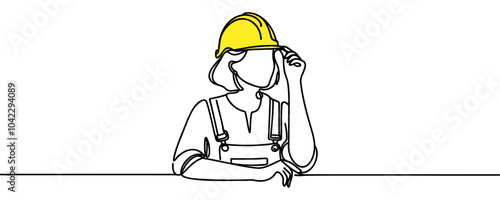 Continuous one line drawing design vector illustration of engineers man in hard hat, worker with protective headphones on white background