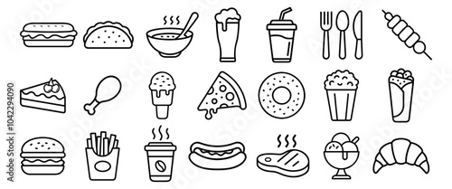 Fast food flat line icons set. Burger, fast snacks, sandwich, french fries, hot dog, mexican burrito, pizza vector illustrations. Thin signs for restaurant menu.