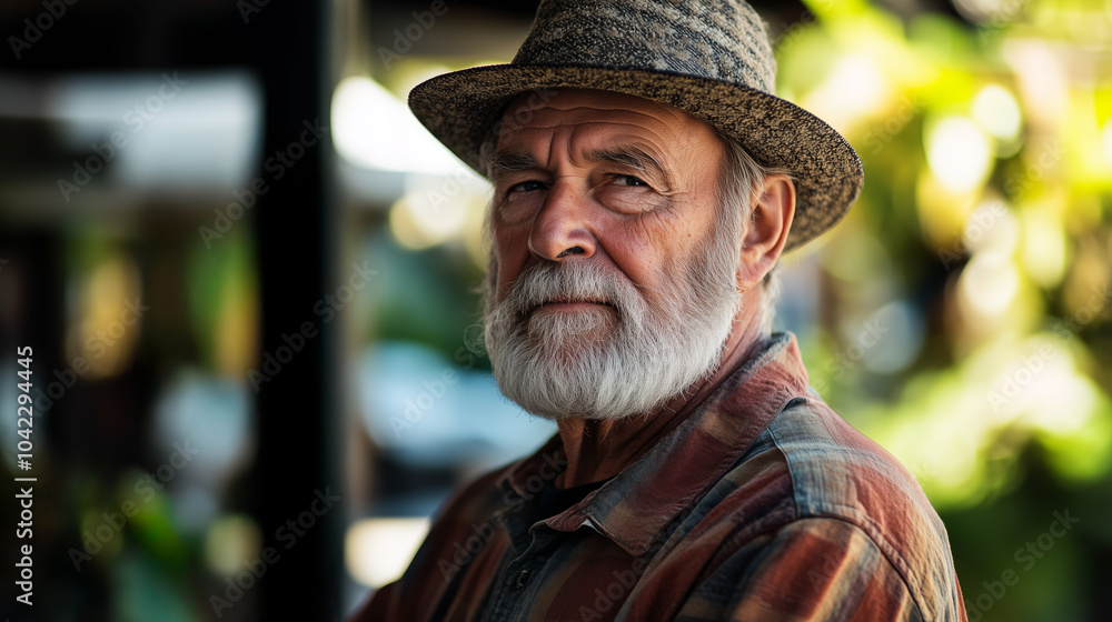 Portrait of a senior man with a beard wearing a hat. Outdoor scene with blurred background. Character and lifestyle concept for mature age representation. Portrait of a senior man with a beard wearing a hat. Outdoor scene with blurred background. Character and lifestyle concept for mature age representation.