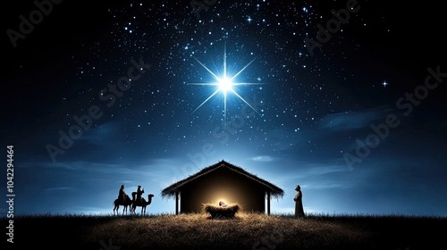 On Christmas night, the Star of Bethlehem illuminates the nativity where baby Jesus is cradled by Mary and Joseph, alongside wise men on camels photo