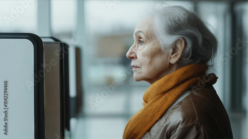 Elderly woman with gray hair voting at a booth in a modern setting with clean lines. Side angle showing the act of voting and civic engagement.