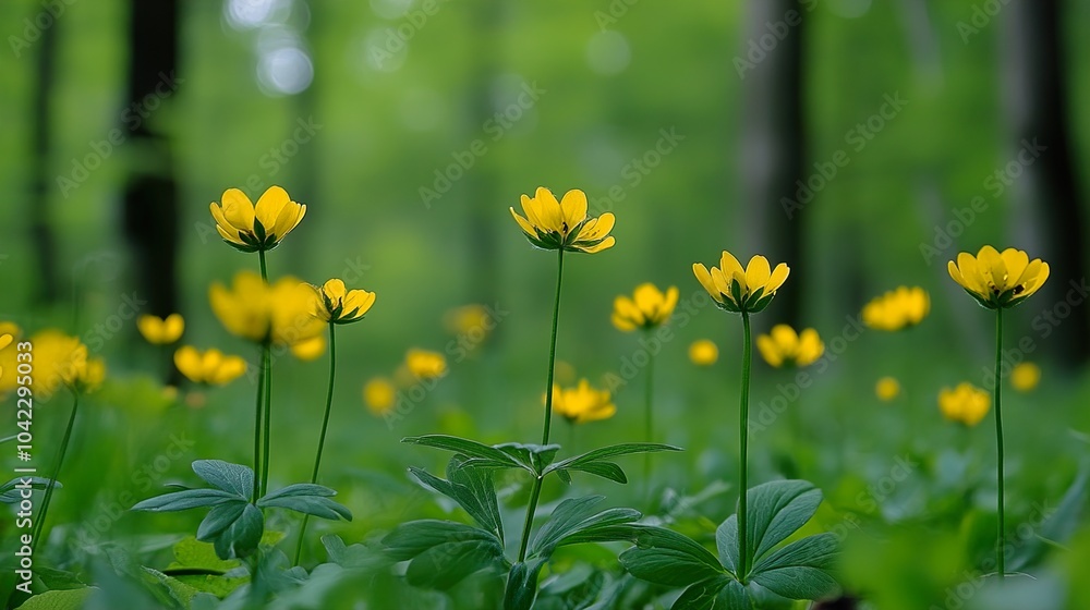 Obraz premium Vibrant Yellow Flowers Blooming in a Lush Forest