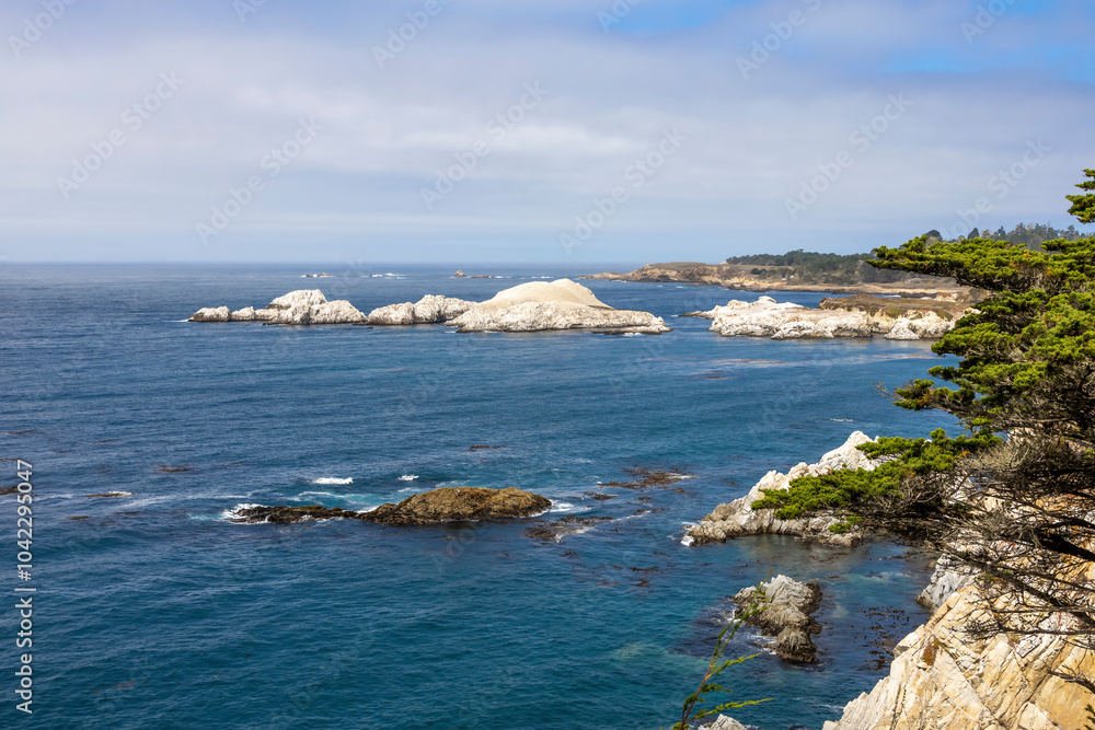 Stunning view of the Pacific Ocean from Carmel Highlands Vista Point, California, showcasing rugged cliffs, blue waters, and lush greenery. Stunning view of the Pacific Ocean from Carmel Highlands Vista Point, California, showcasing rugged cliffs, blue waters, and lush greenery.